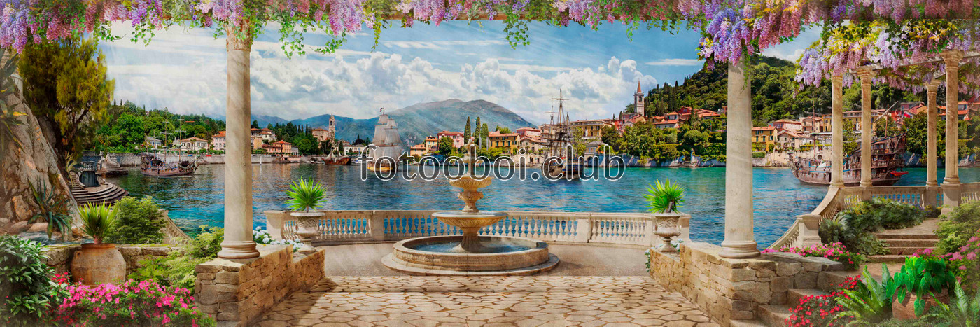 терраса, вид, океан, море, колоны,  корабли, корабль, сирень, горы, фонтан
